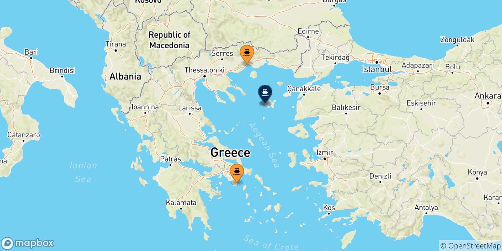 Map of the possible routes between Greece and Agios Efstratios