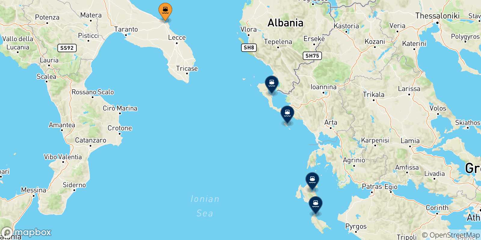 Map of the possible routes between Brindisi and Ionian Islands