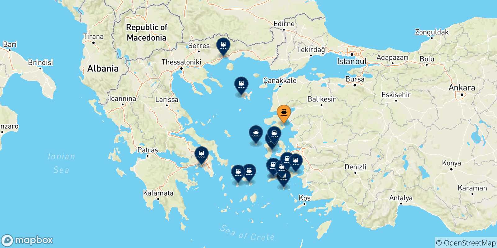 Map of the possible routes between Mytilene (Lesvos) and Greece