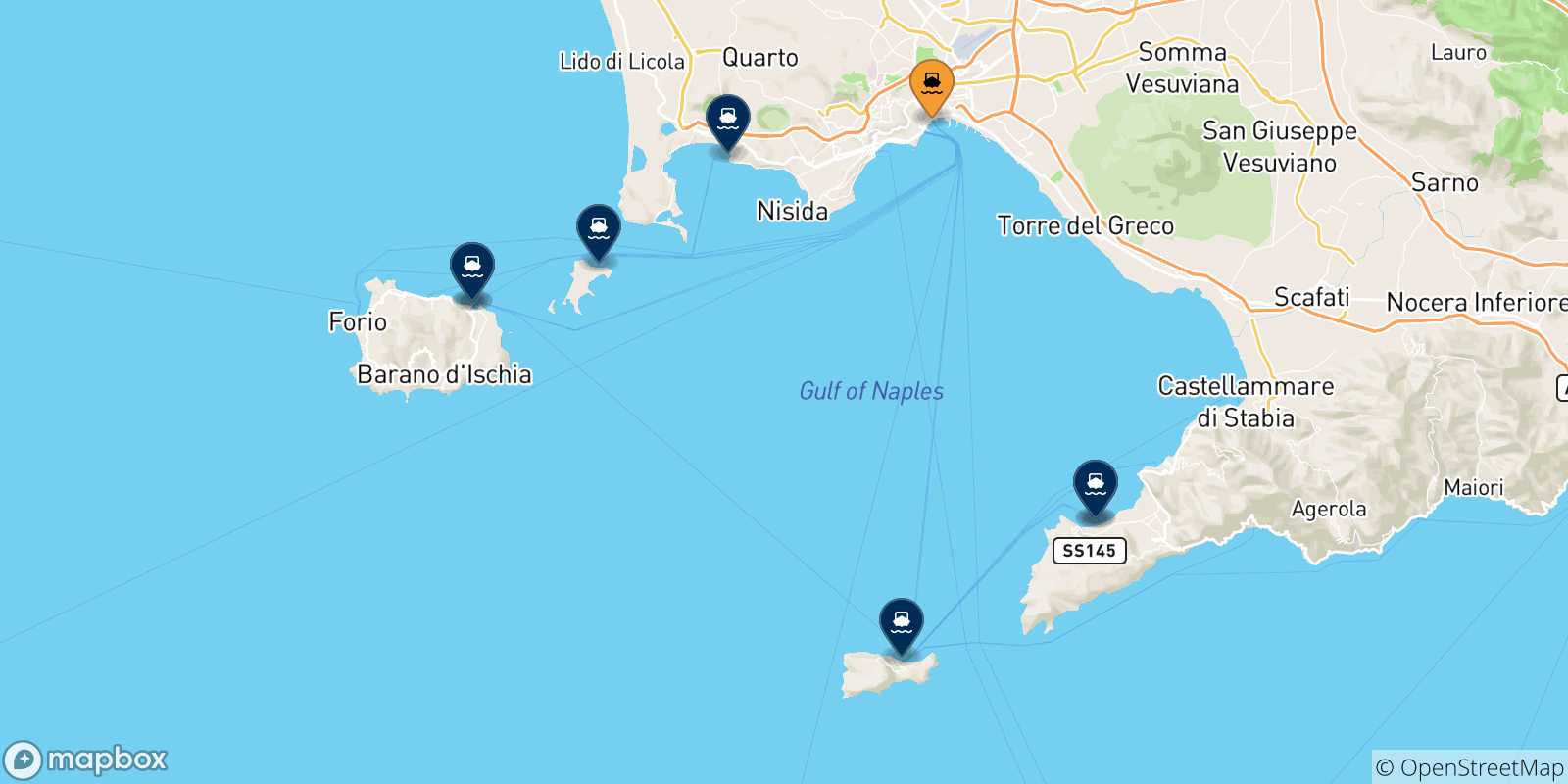 Map of the possible routes between Naples Beverello and Italy