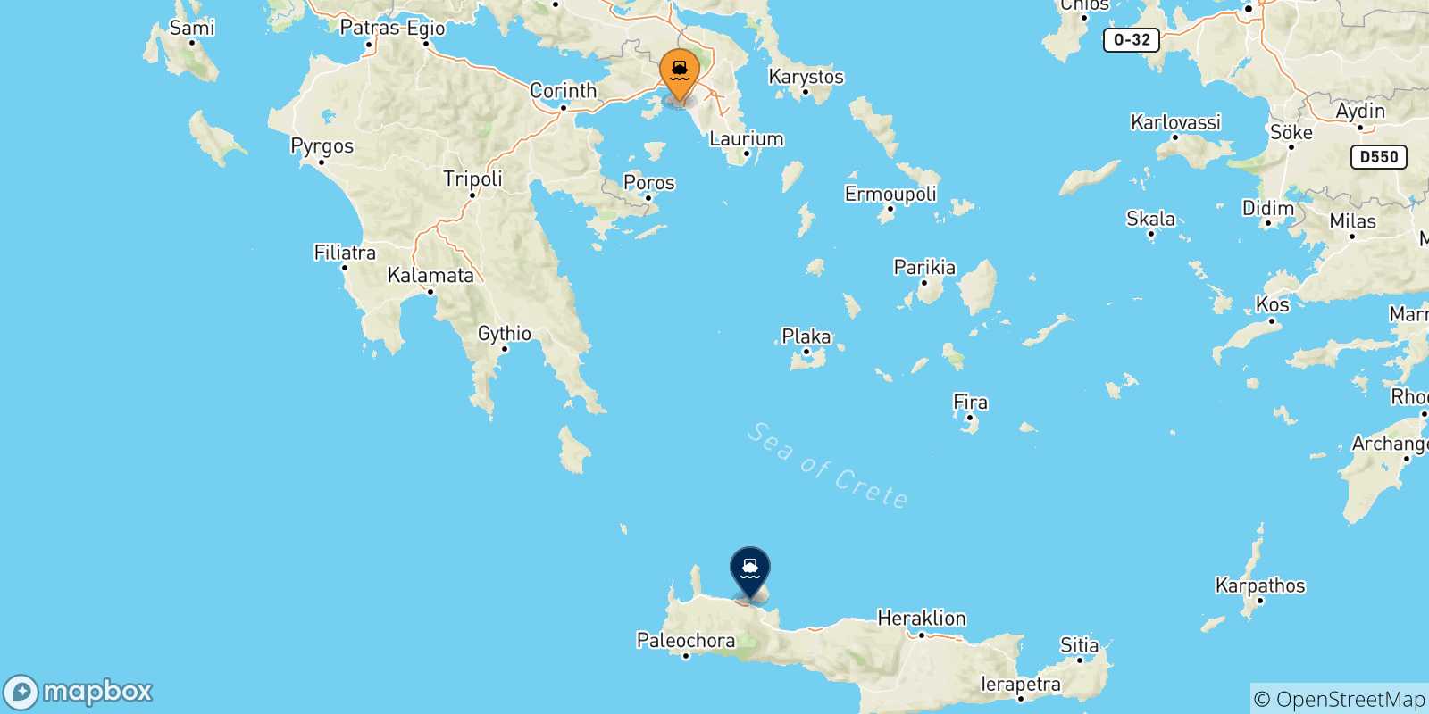 Map of the possible routes between Greece and Chania