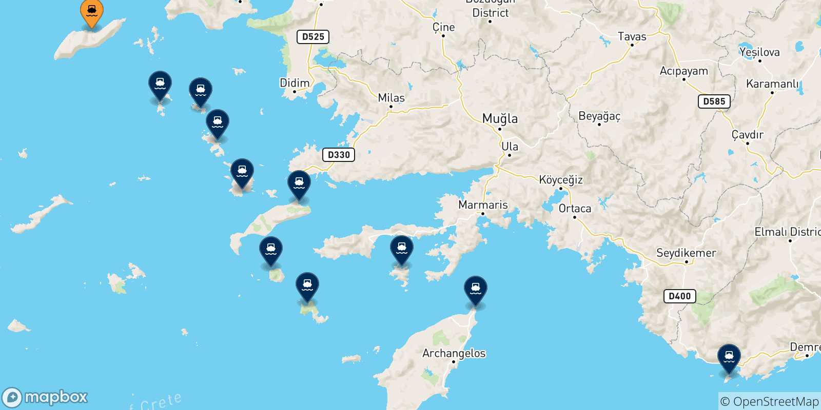 Map of the possible routes between Agios Kirikos (Ikaria) and Dodecanese Islands