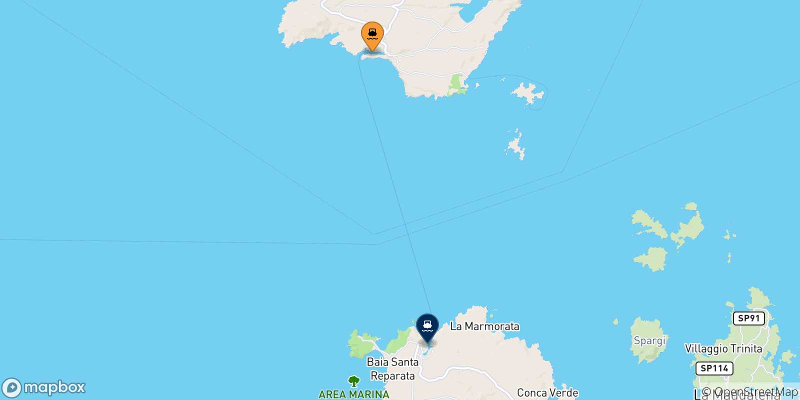 Map of the possible routes between Corsica and Santa Teresa Di Gallura