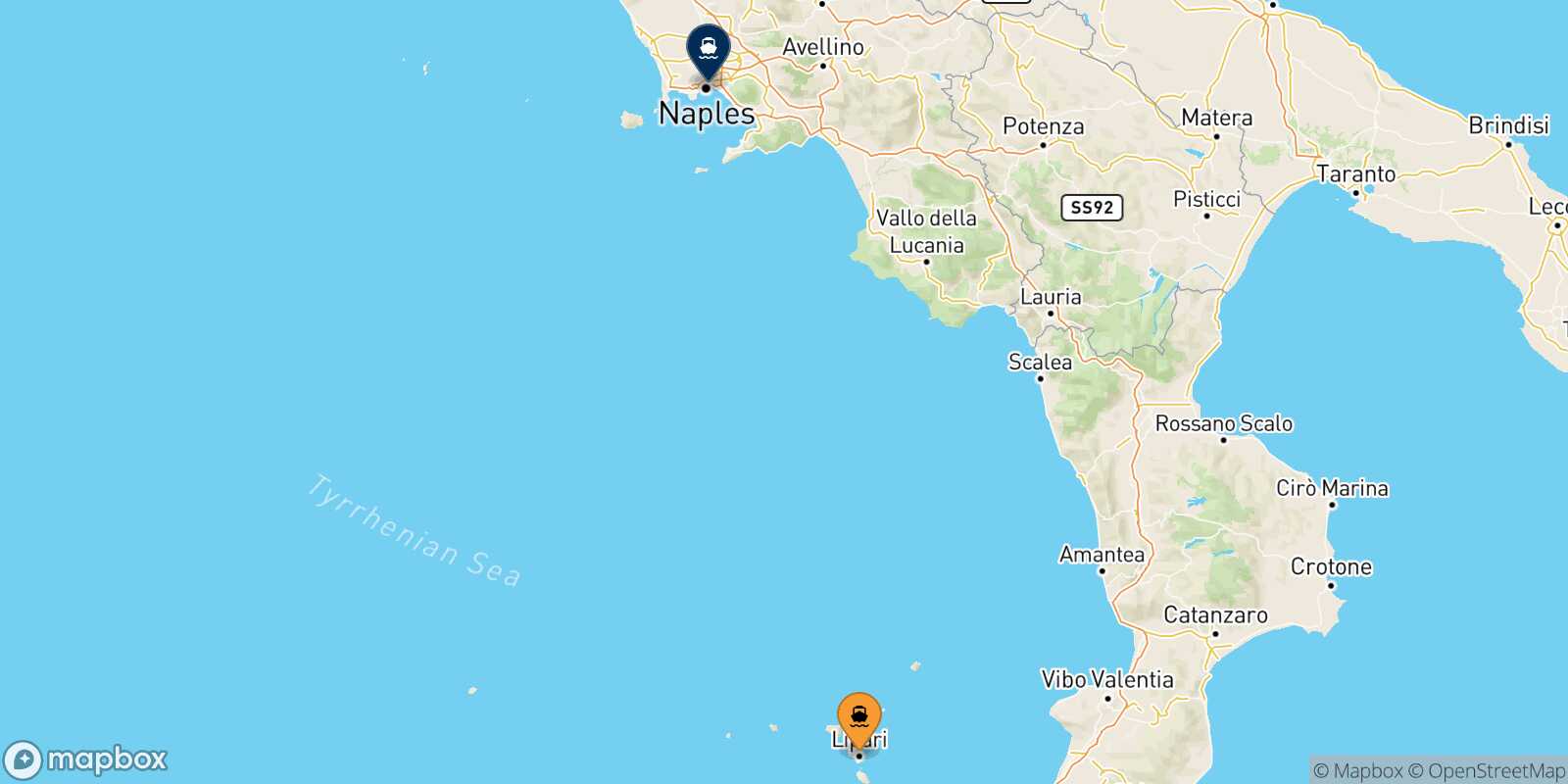 Lipari Naples route map