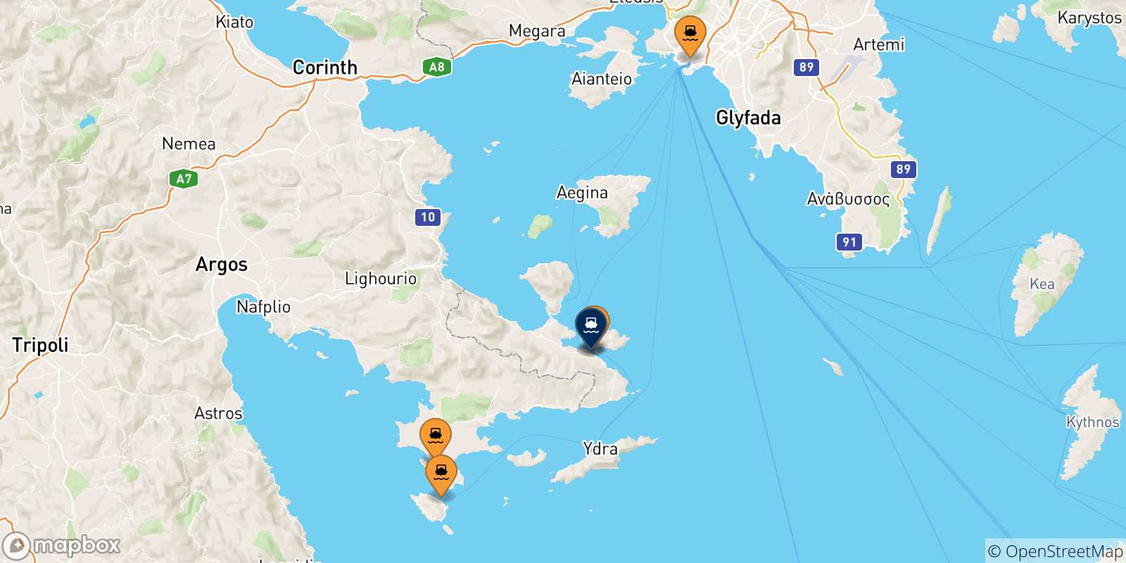 Map of the possible routes between Greece and Hydra