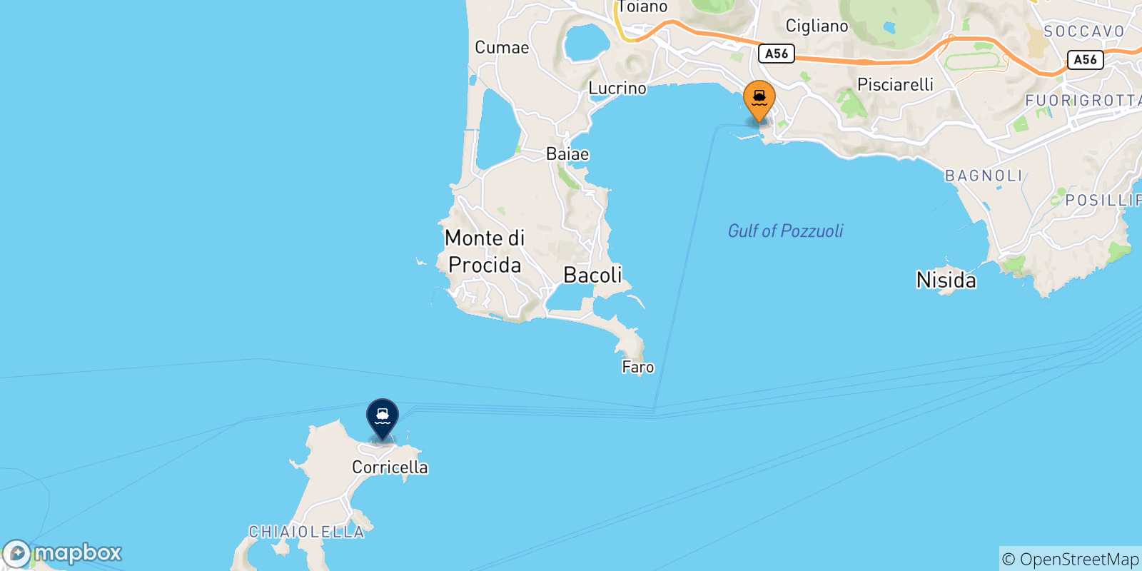 Map of the possible routes between Casamicciola (Ischia) and Gulf Of Naples