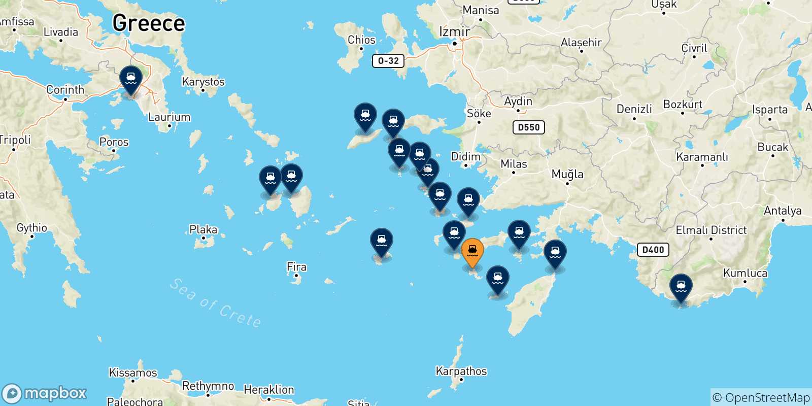 Map of the possible routes between Tilos and Greece