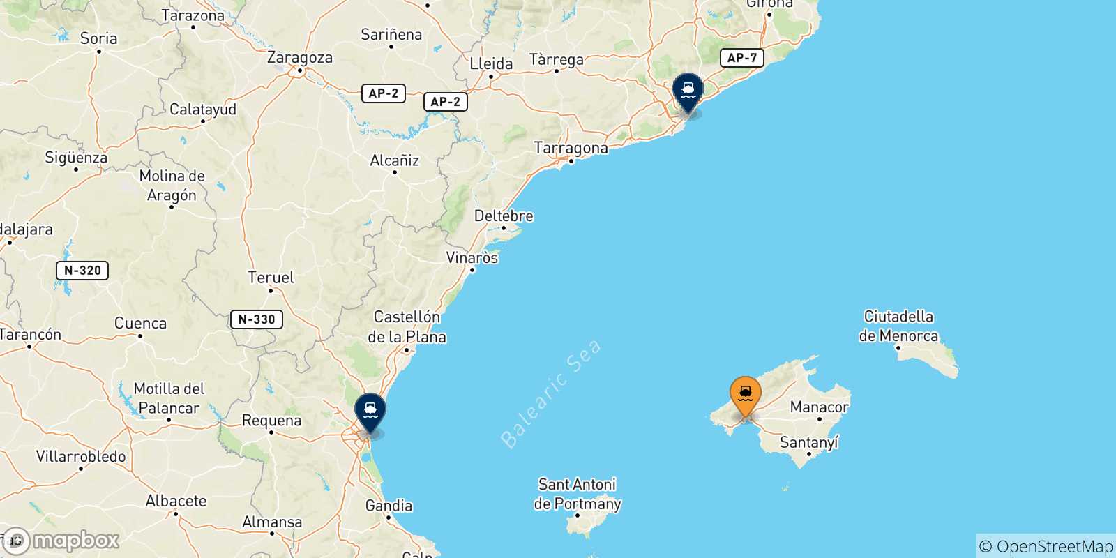 Map of the possible routes between Palma and Spain