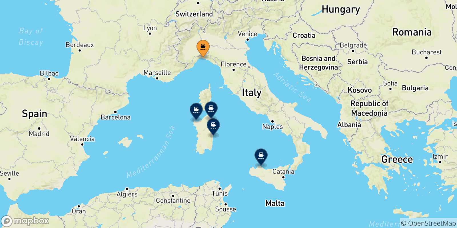 Map of the possible routes between Genoa and Italy