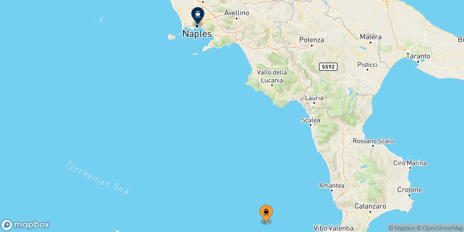 Ginostra (Stromboli) Naples route map