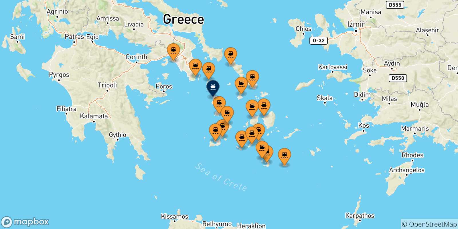 Map of the possible routes between Greece and Kythnos