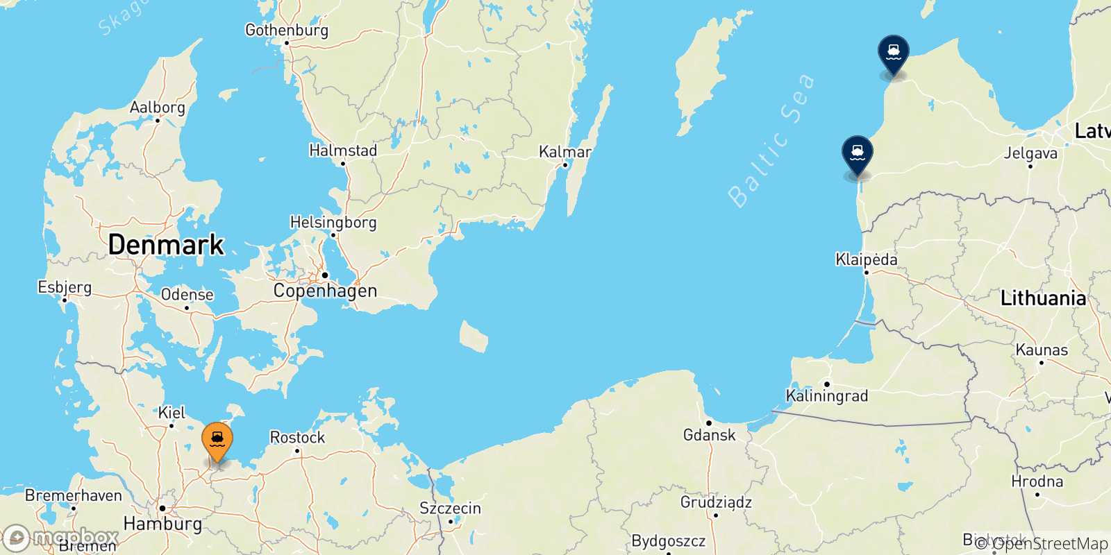 Map of the possible routes between Travemünde and Latvia