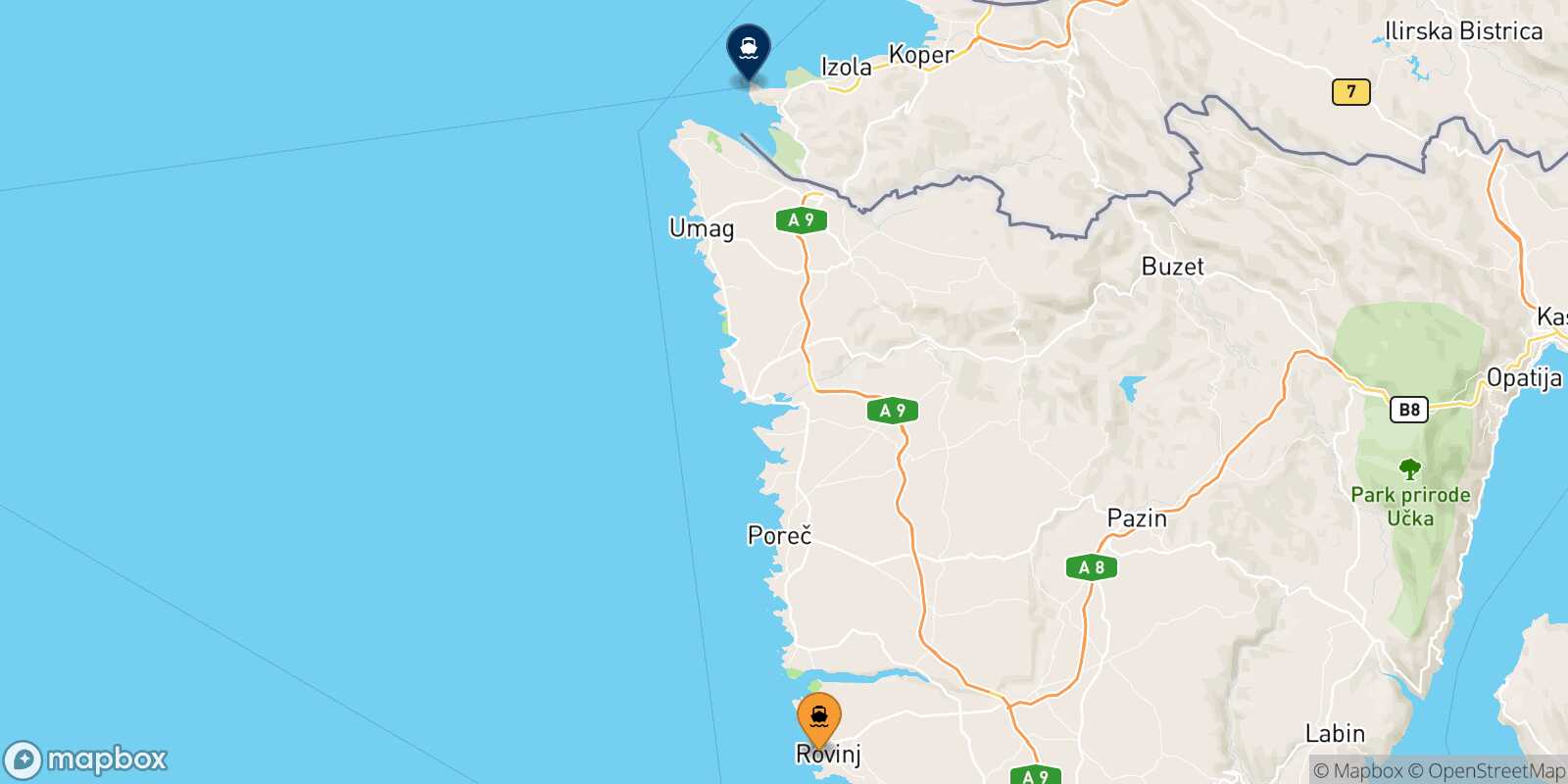 Map of the destinations reachable from Rovinj