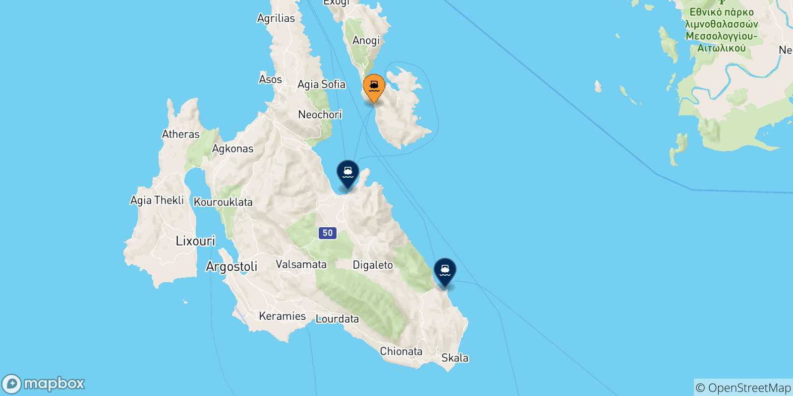 Map of the possible routes between Pisaetos (Ithaka) and Ionian Islands