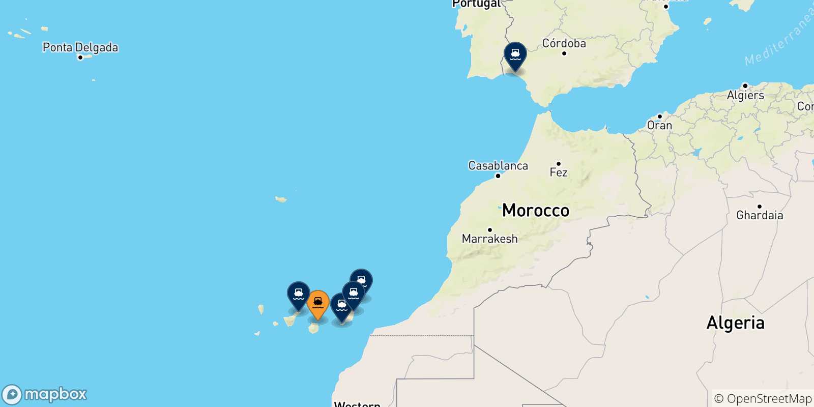 Map of the possible routes between Las Palmas De Gran Canaria and Spain