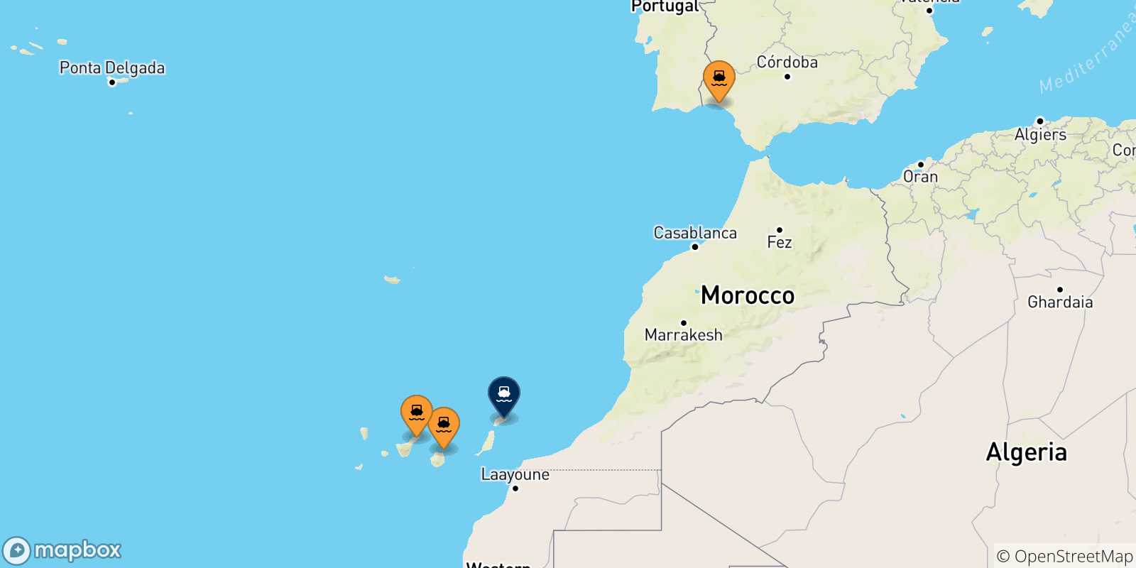 Map of the possible routes between Spain and Arrecife (Lanzarote)