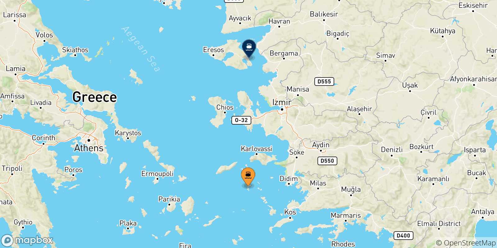 Map of the possible routes between Dodecanese Islands and Mytilene (Lesvos)