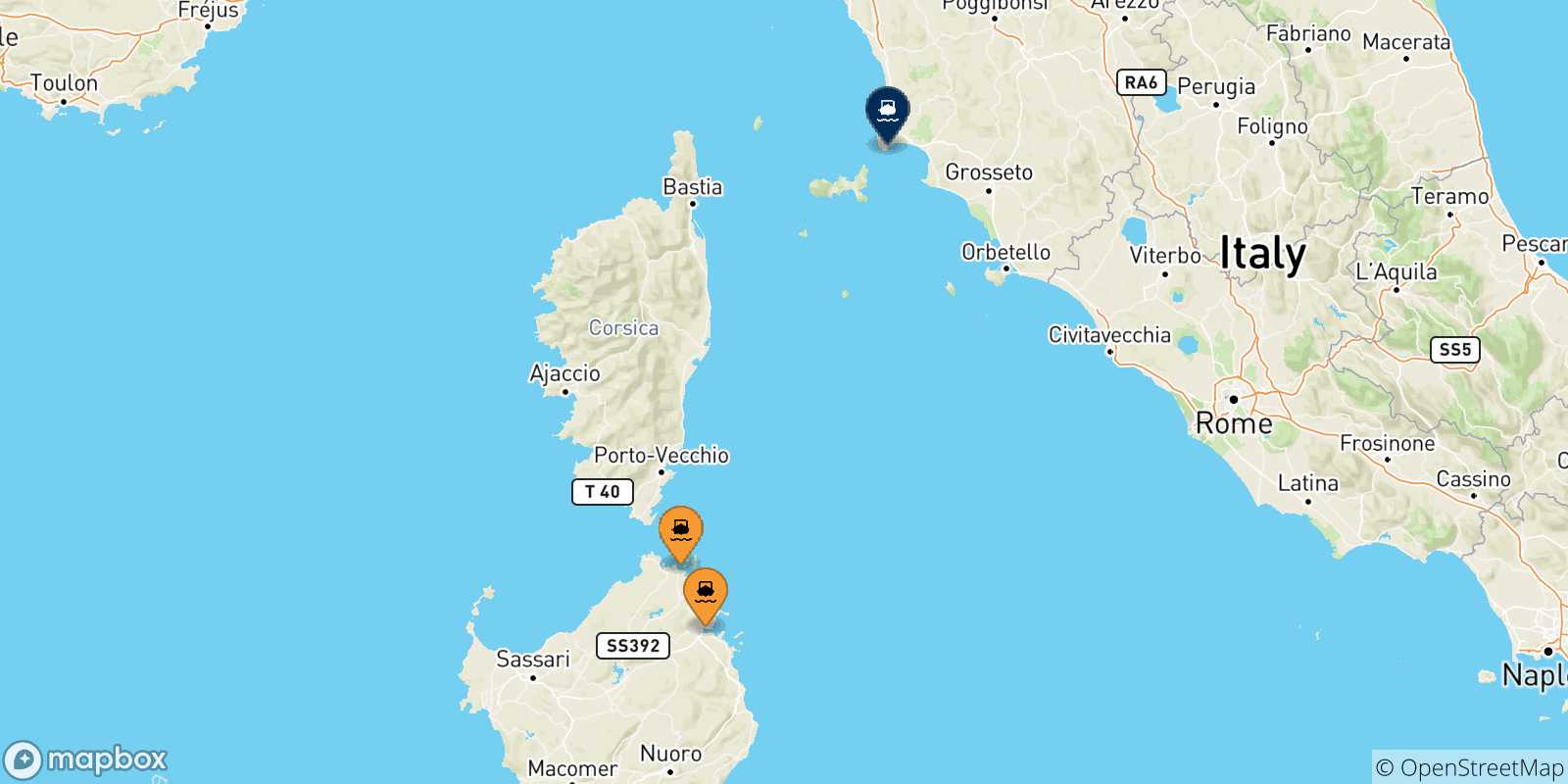 Map of the possible routes between Sardinia and Piombino