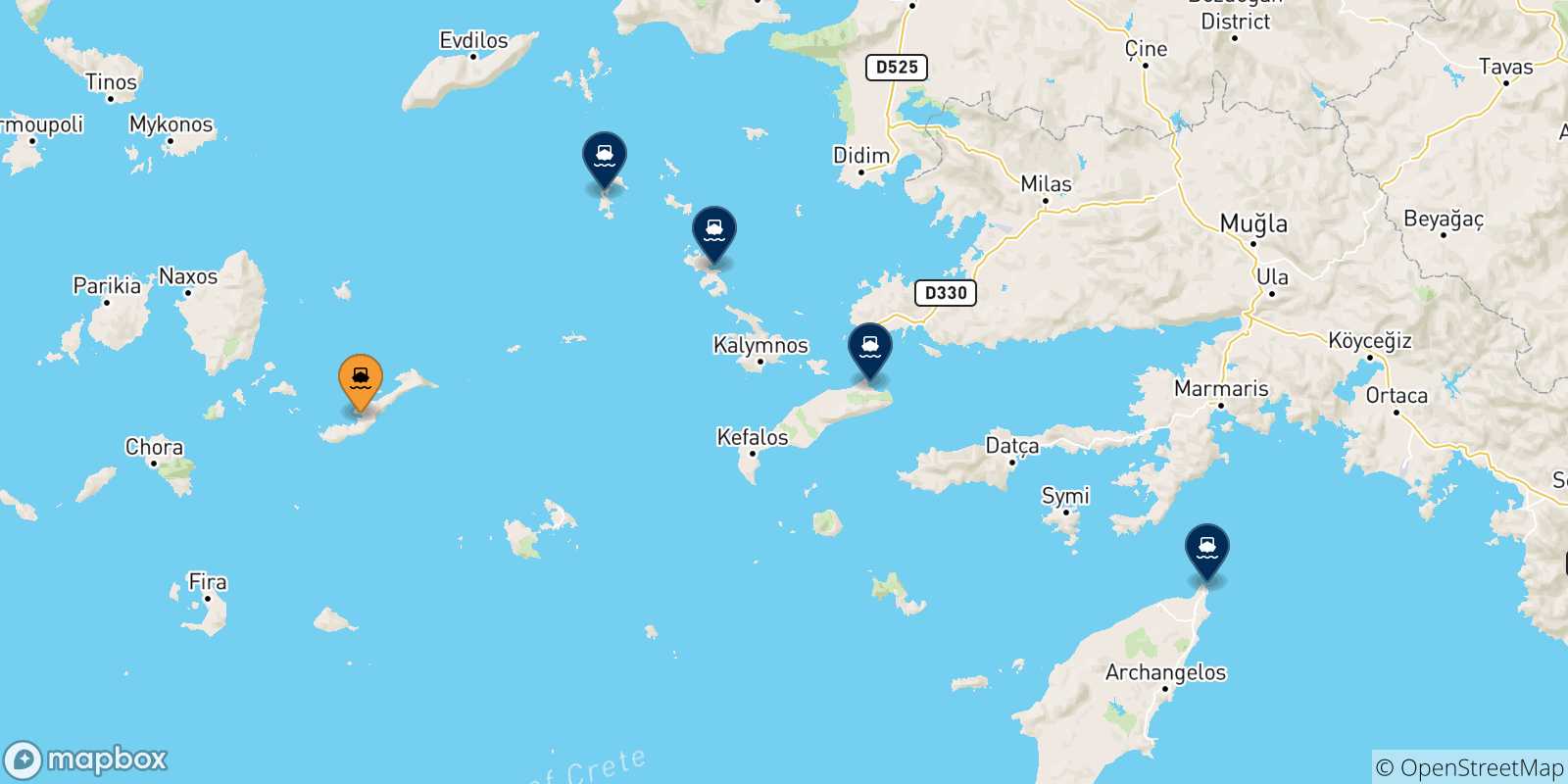 Map of the possible routes between Katapola (Amorgos) and Dodecanese Islands