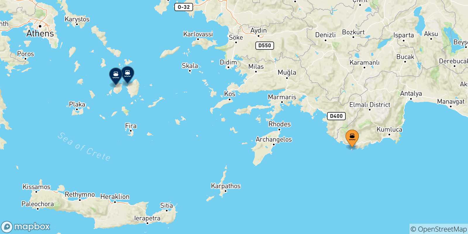 Map of the possible routes between Kastelorizo and Cyclades Islands