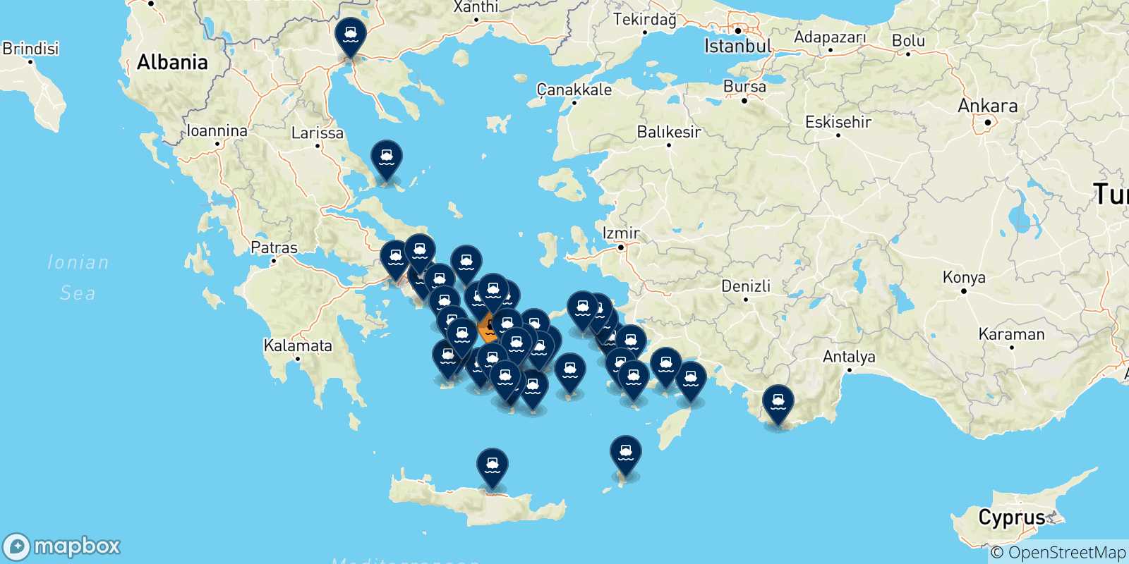 Map of the possible routes between Paros and Greece
