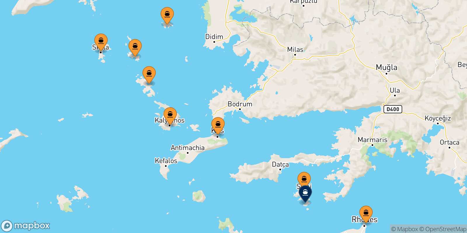 Map of the ports connected with  Panormitis (Symi)