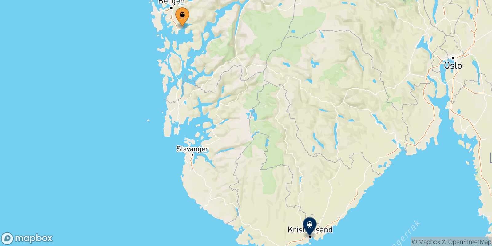 Bergen Kristiansand route map