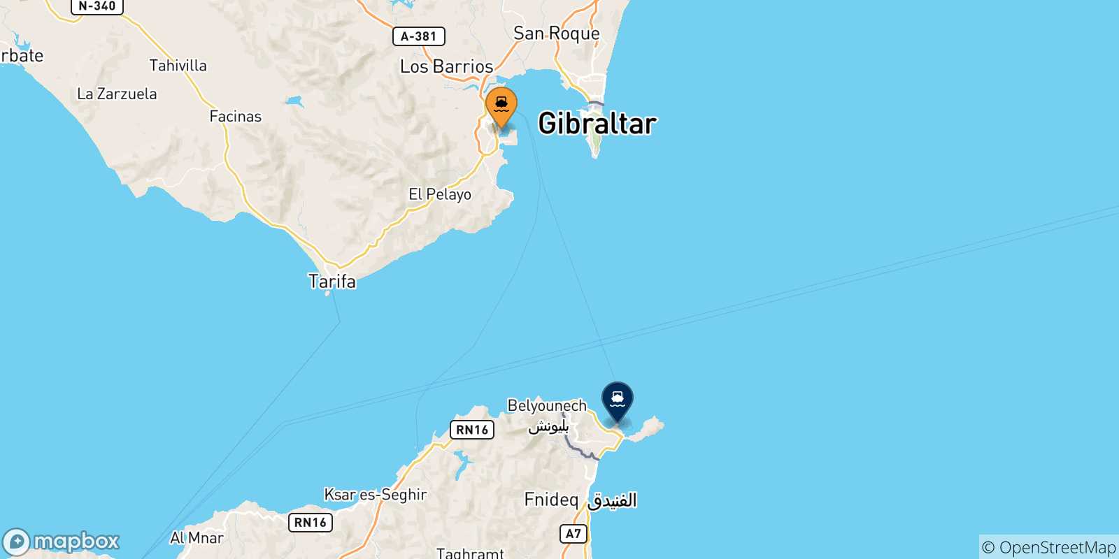 Map of the possible routes between Algeciras and Spain