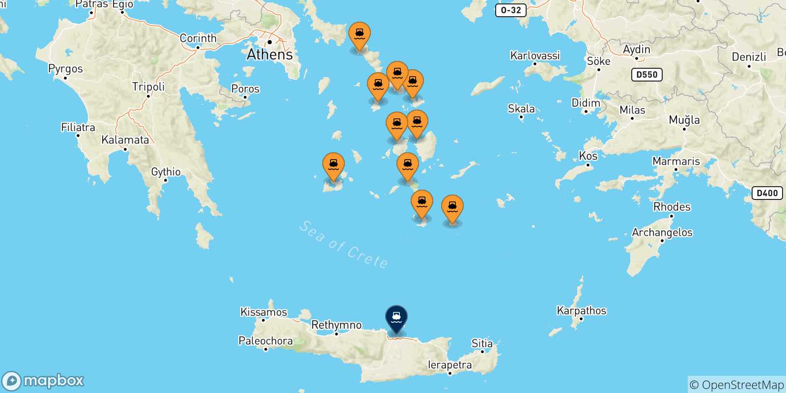 Map of the possible routes between Cyclades Islands and Heraklion