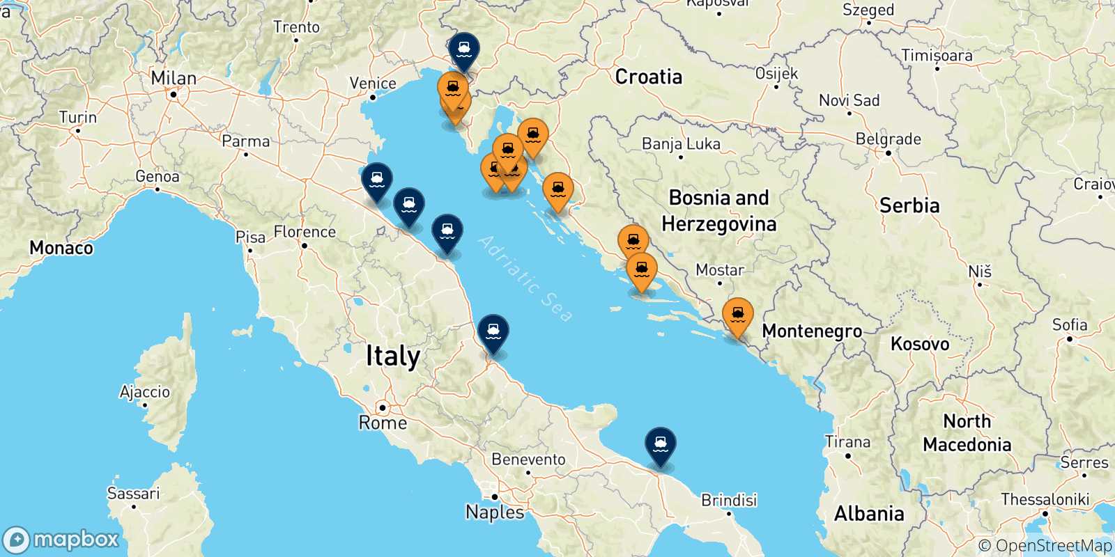 Map of the possible routes between Croatia and Italy