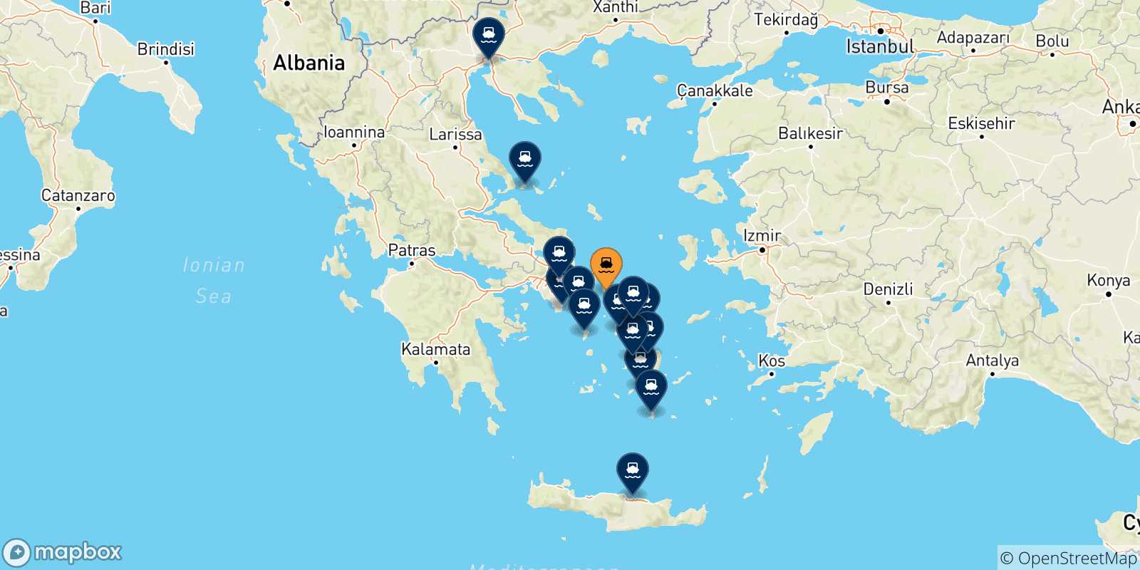Map of the possible routes between Andros and Greece