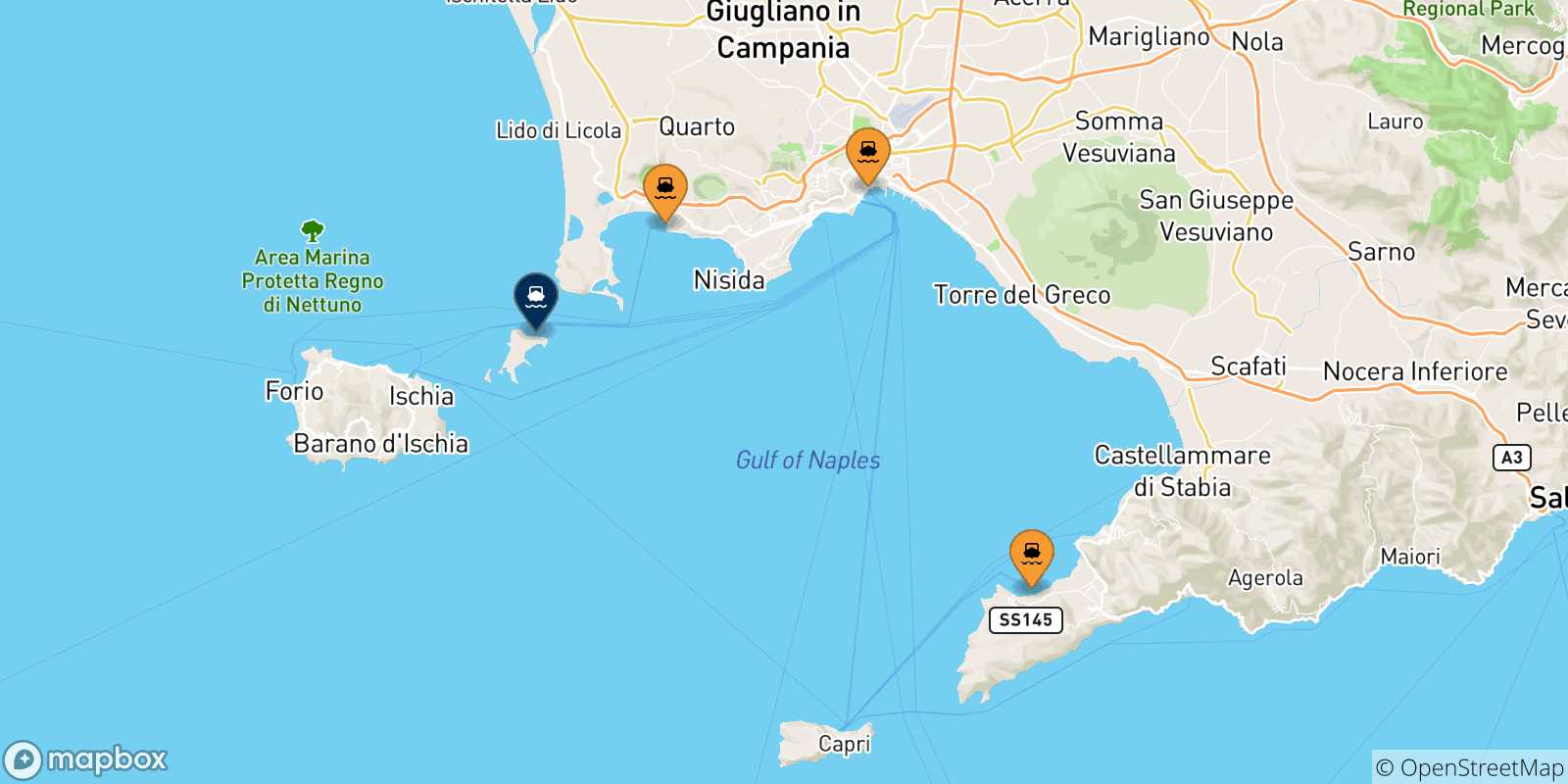 Map of the possible routes between Italy and Procida