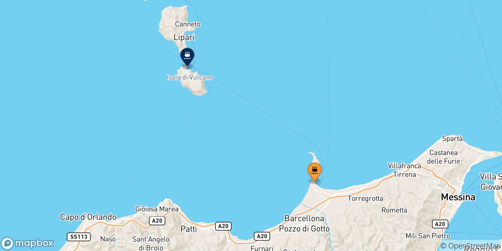 Map of the possible routes between Sicily and Vulcano