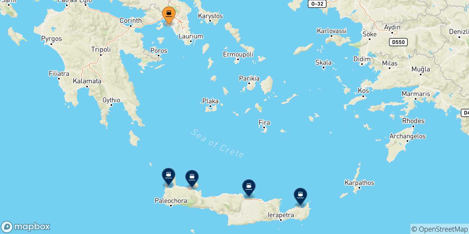 Map of the possible routes between Piraeus and Crete