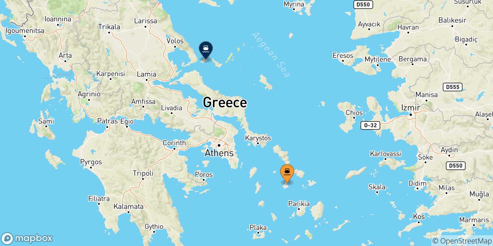 Map of the possible routes between Syros and Sporades Islands
