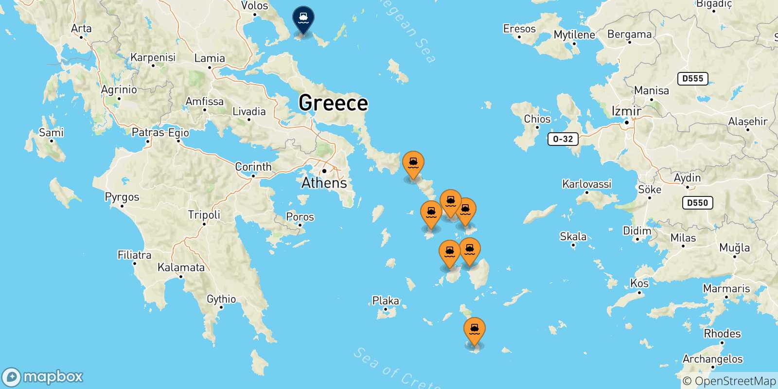 Map of the possible routes between Cyclades Islands and Skiathos