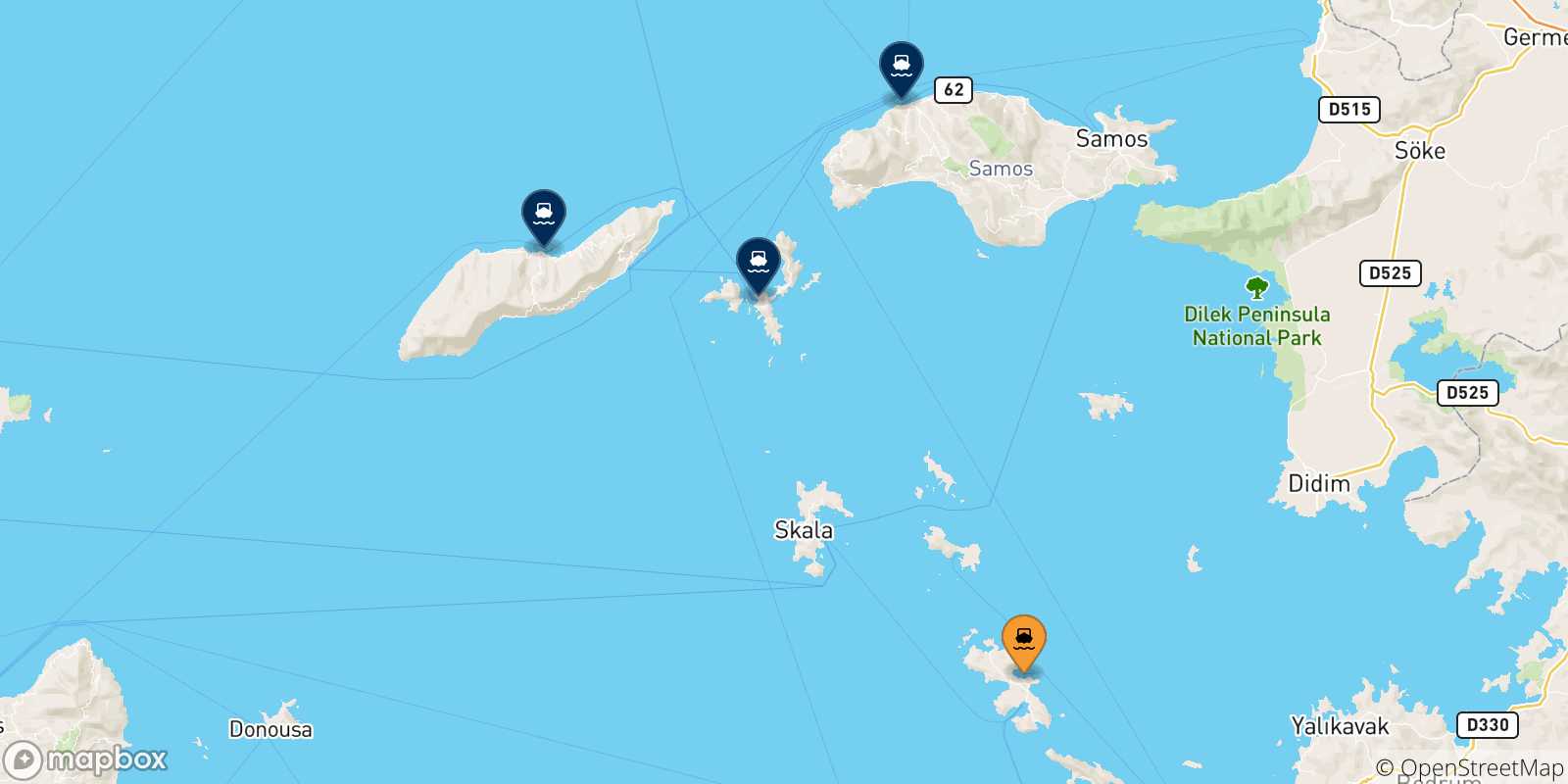 Map of the possible routes between Leros and Aegean Islands