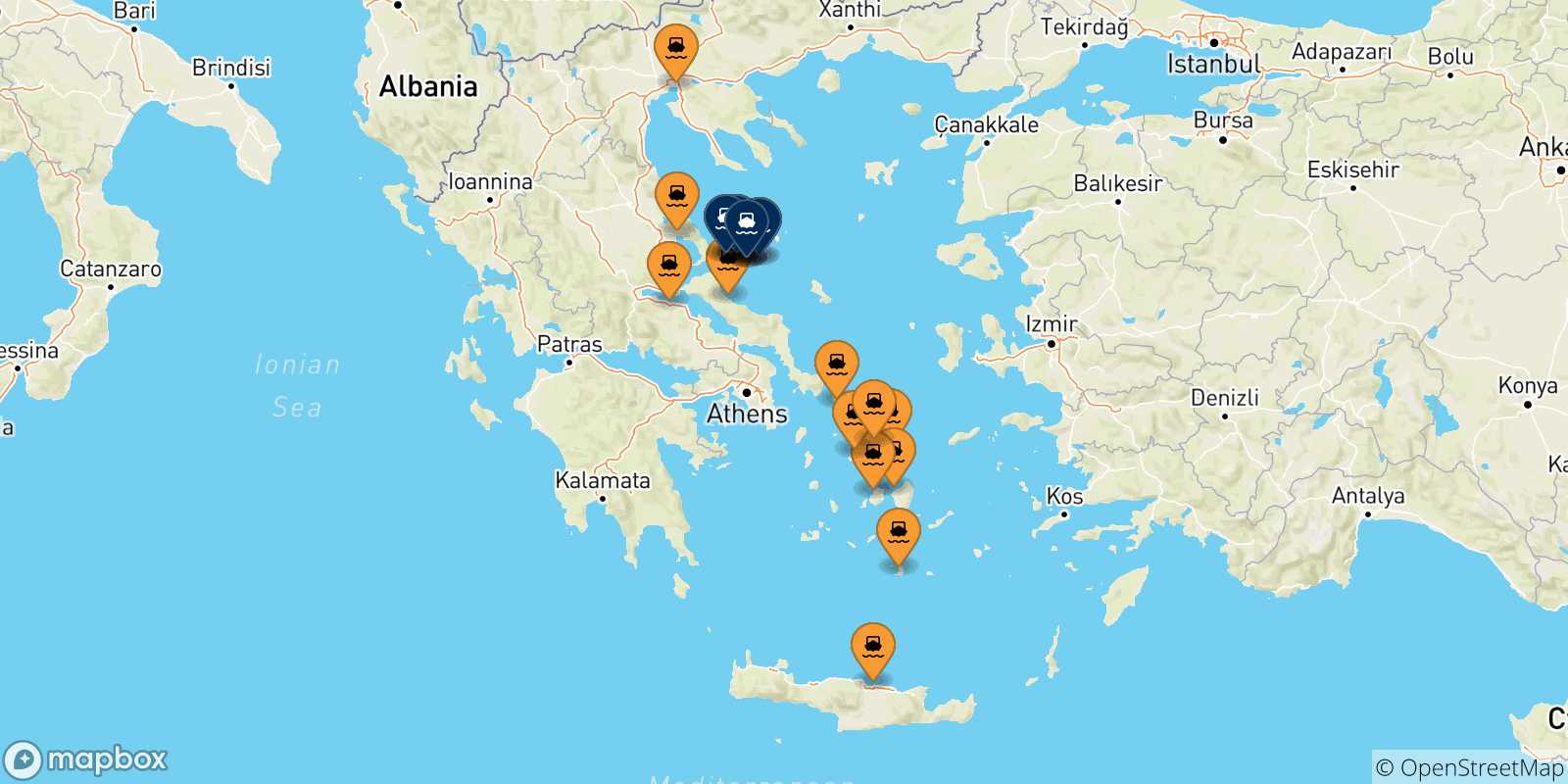 Map of the possible routes between Greece and Sporades Islands