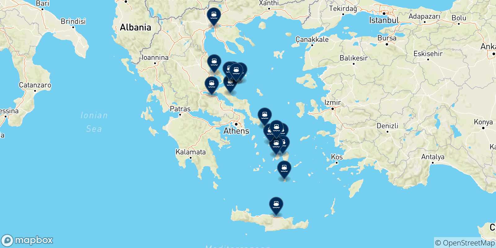 Map of the possible routes between Skiathos and Greece