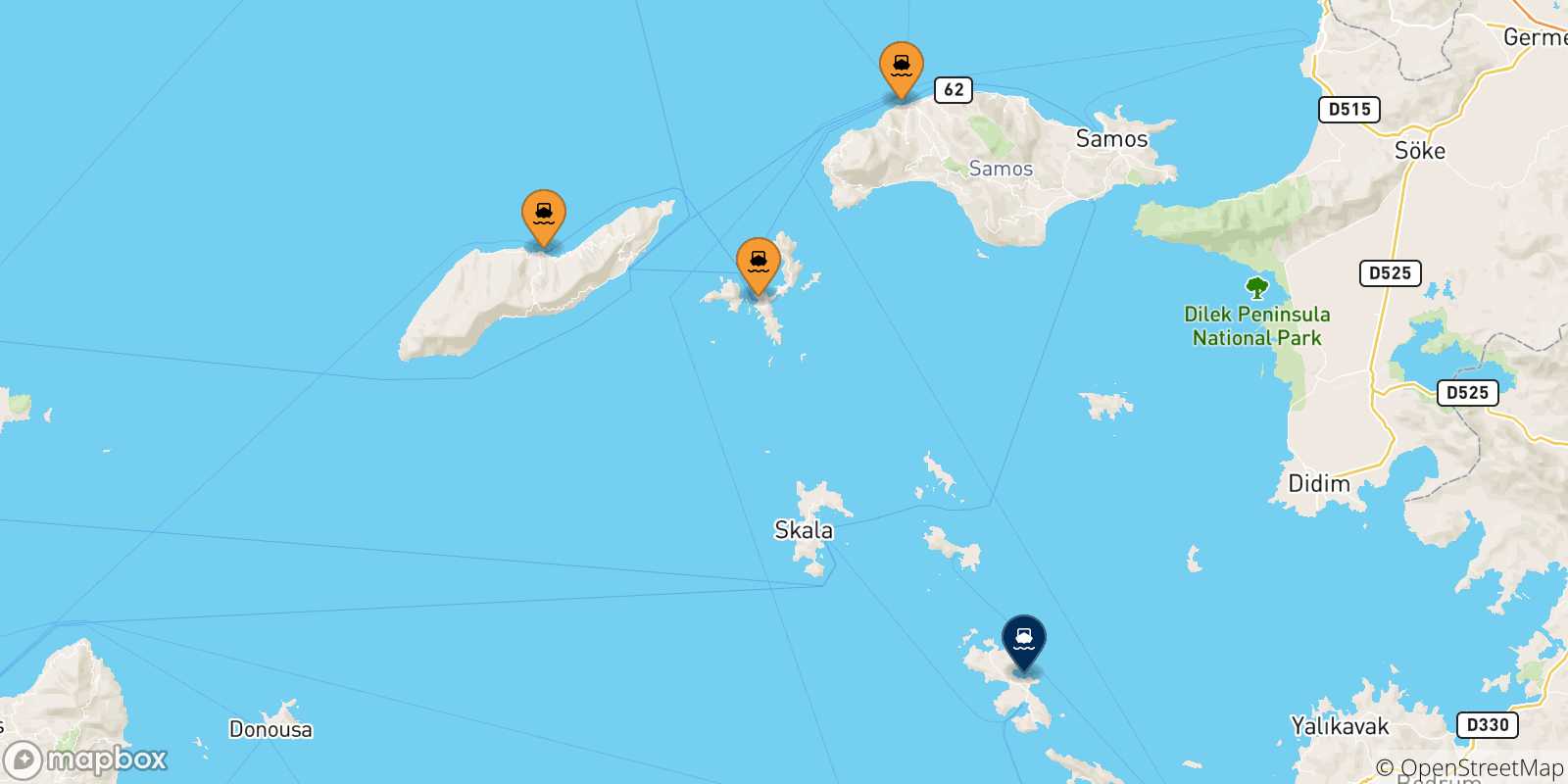 Map of the possible routes between Aegean Islands and Leros