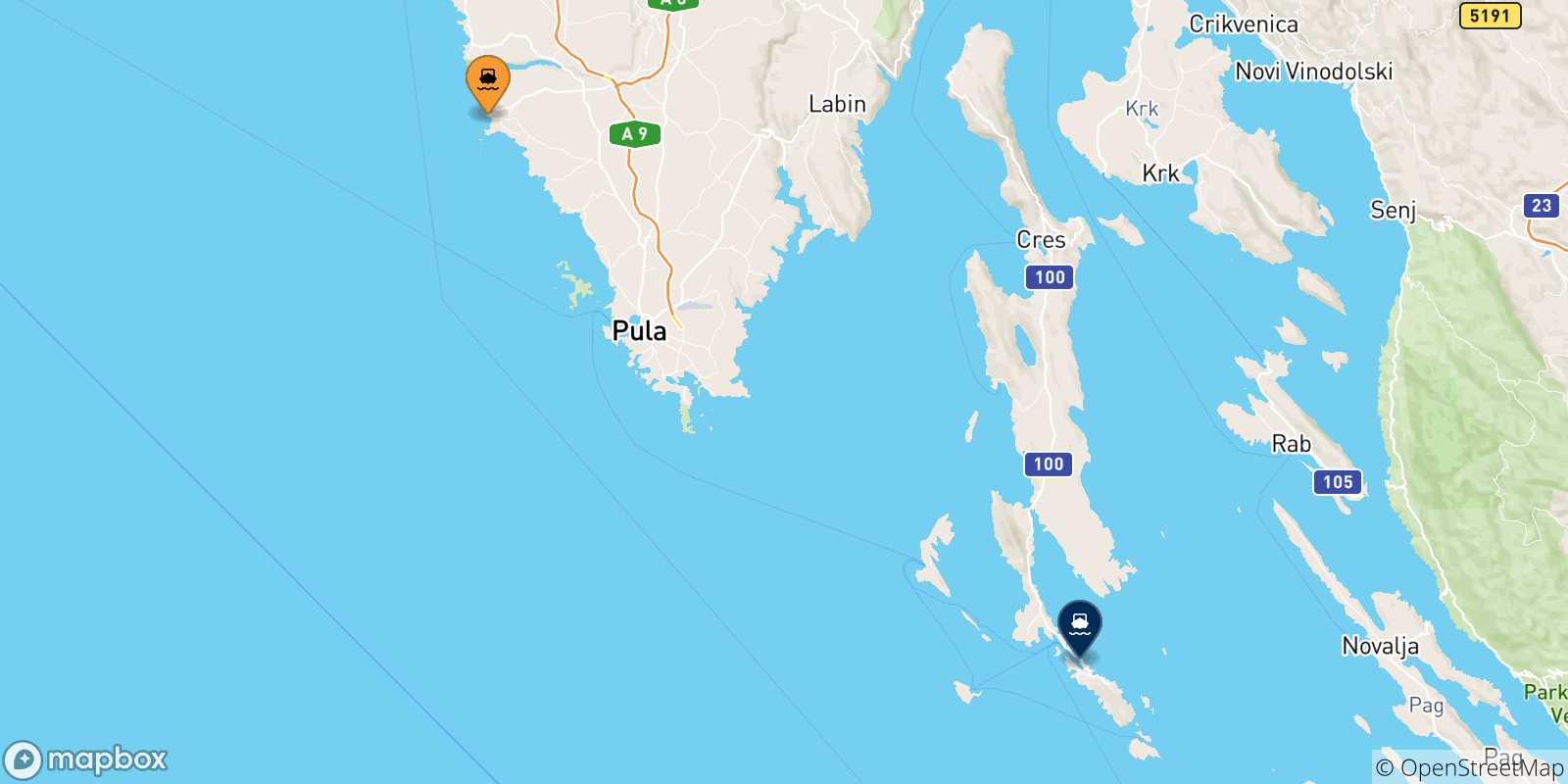 Map of the possible routes between Croatia and Mali Losinj
