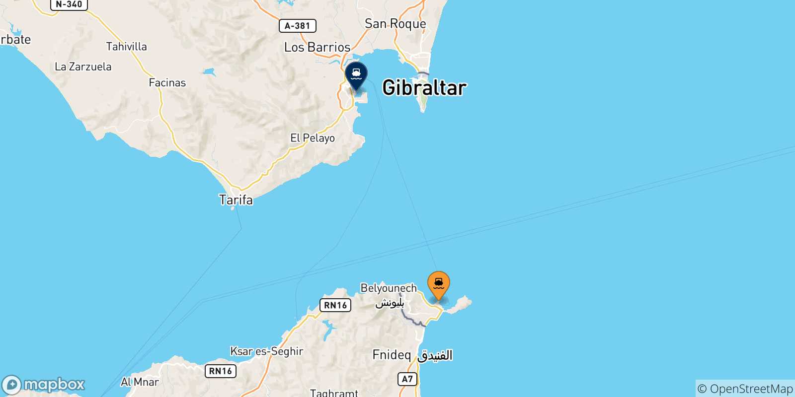 Map of the possible routes between Spain and Algeciras
