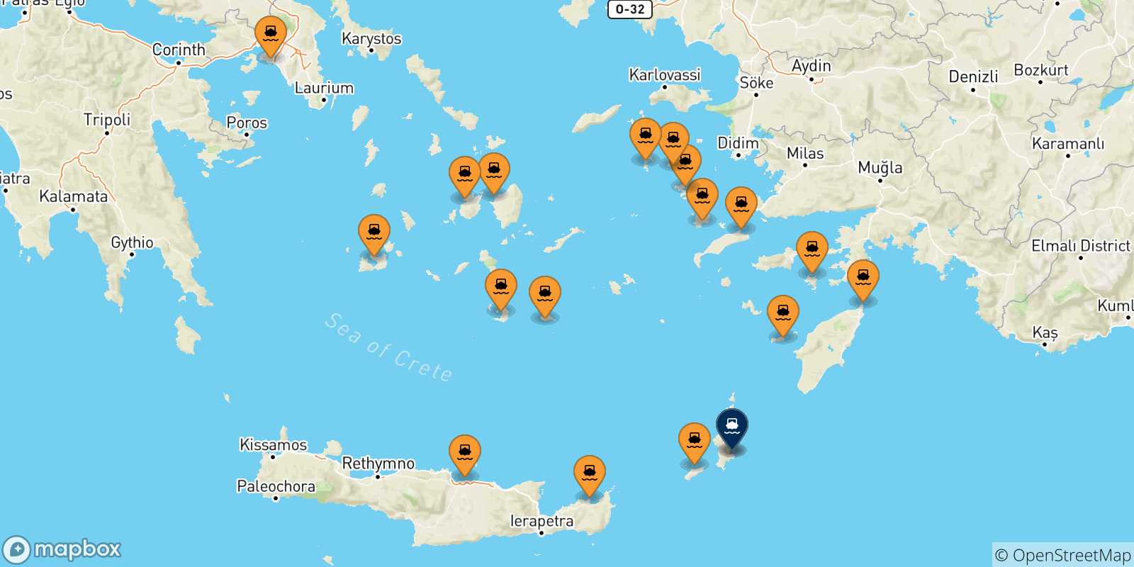 Map of the possible routes between Greece and Karpathos