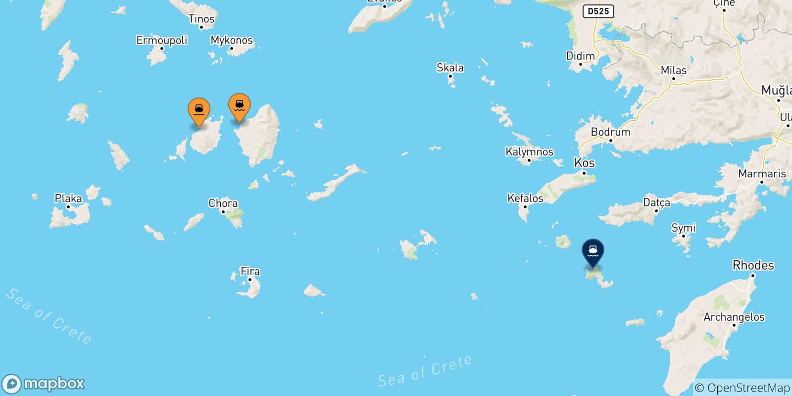 Map of the possible routes between Cyclades Islands and Tilos