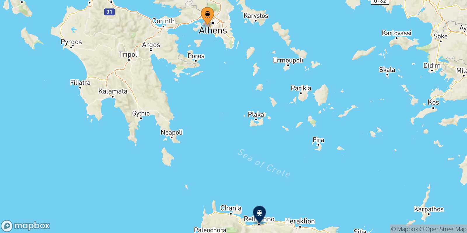 Piraeus Rethimno route map