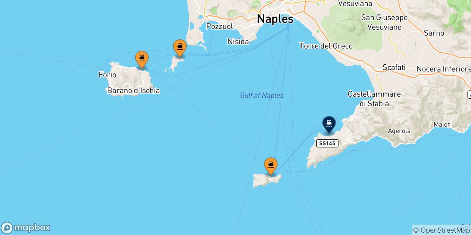 Map of the possible routes between Gulf Of Naples and Sorrento