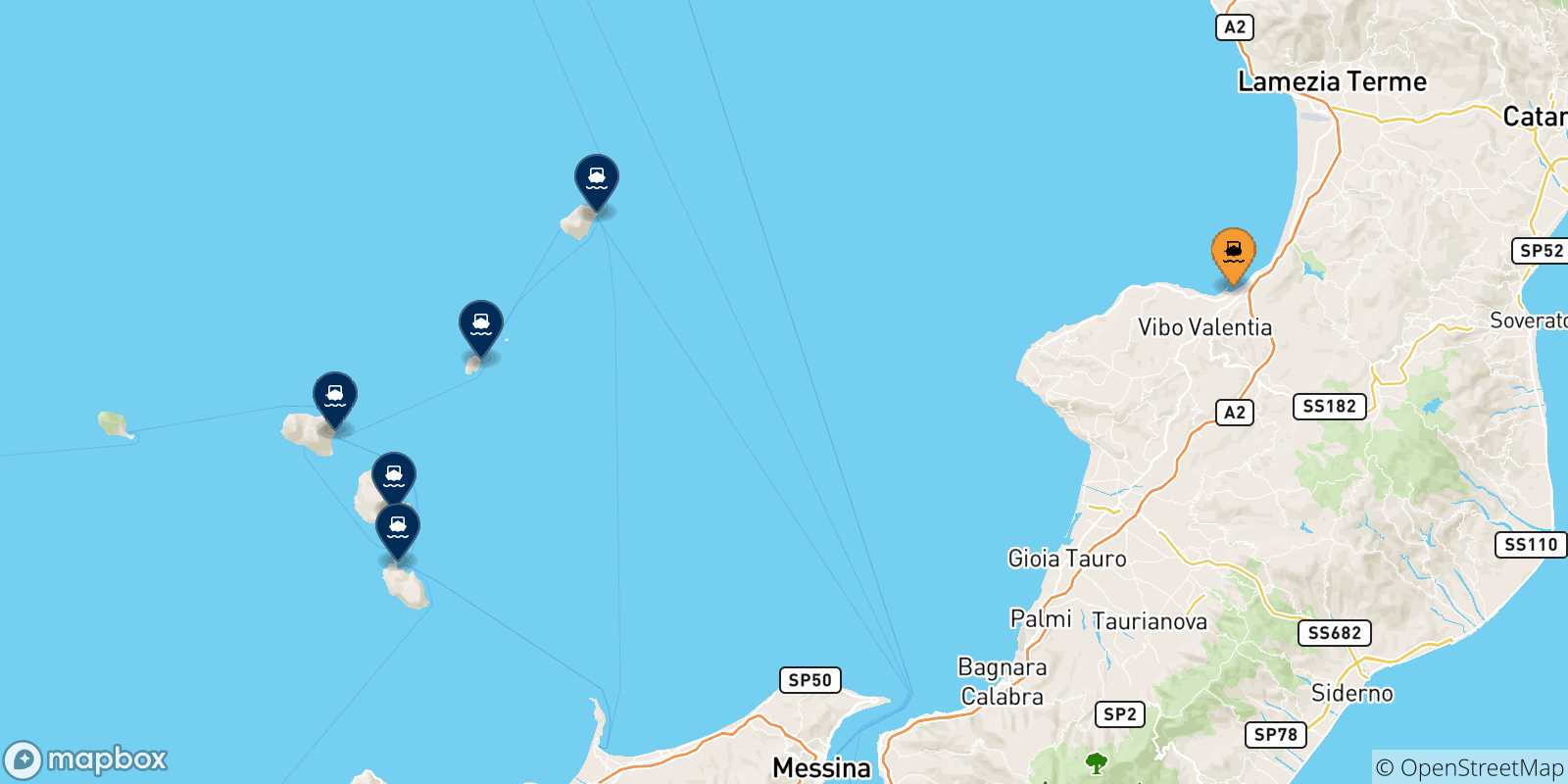 Map of the possible routes between Vibo Valentia and Aeolian Islands