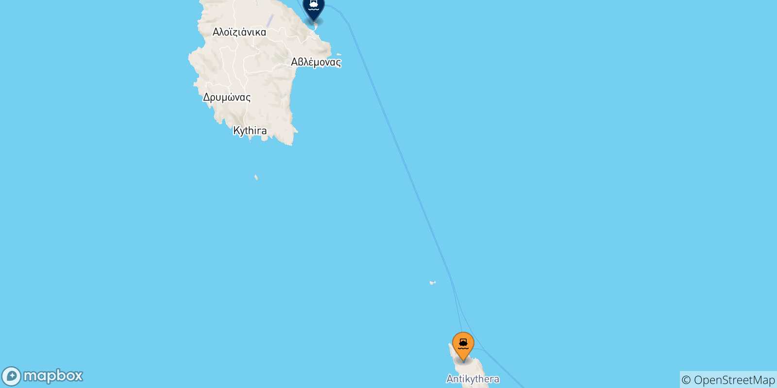 Map of the possible routes between Antikythira and Ionian Islands
