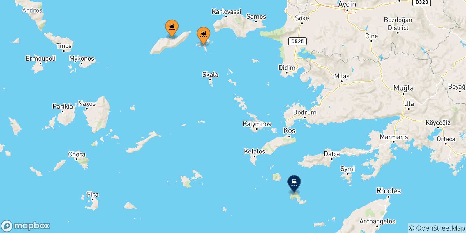 Map of the possible routes between Aegean Islands and Tilos