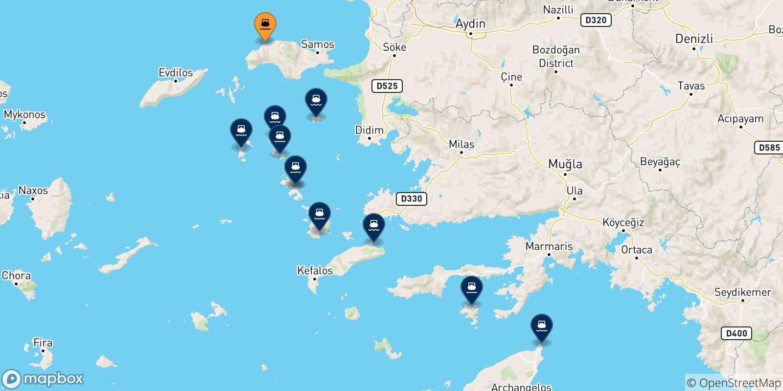 Map of the possible routes between Pythagorio (Samos) and Dodecanese Islands